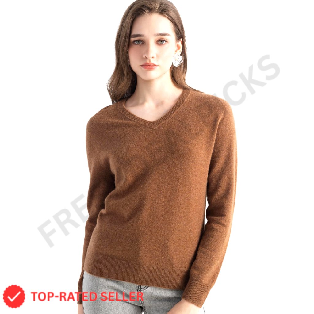 Pure Cashmere V-Neck Sweater Seamless Knit Soft Warm Classic Elegant Minimal